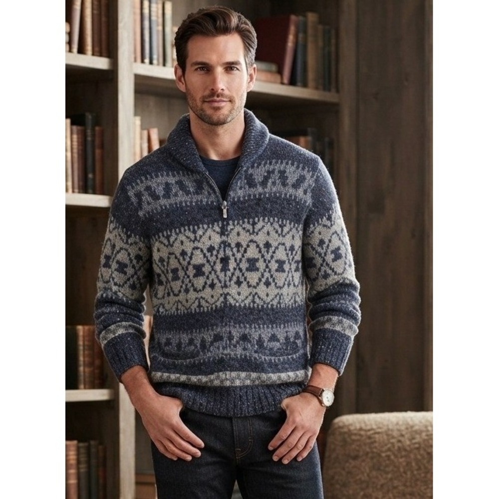 Talbots Wool Fair Isle Quarter Zip Sweater Men's L Blue Chunky Knit Winter NWOT